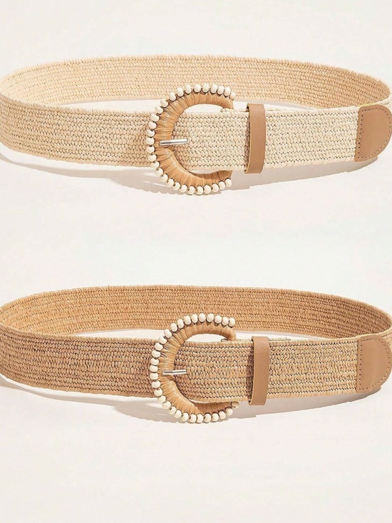 Boho Beaded Natural Straw Minimalist Belt Set